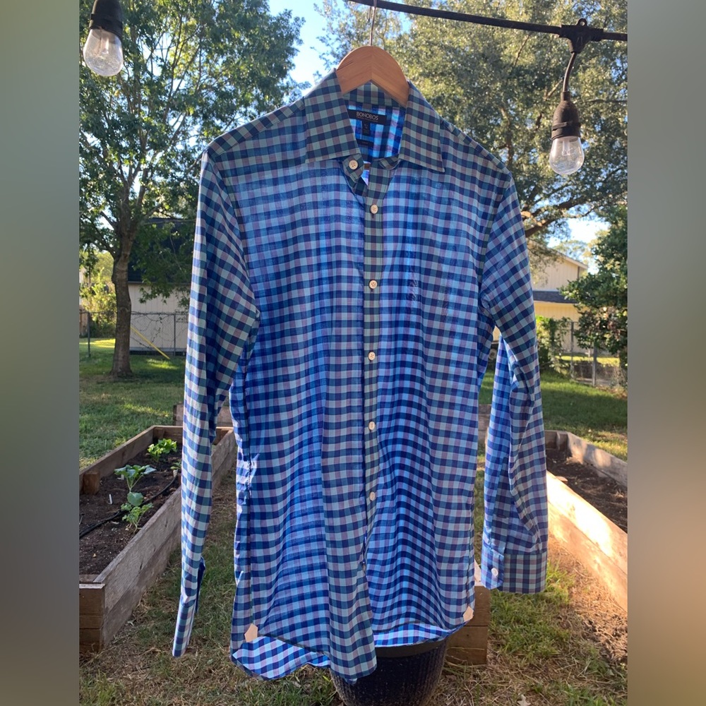 Men’s Bonobos blue checked, slim fit 15 1/2 /34, 100% Cotton